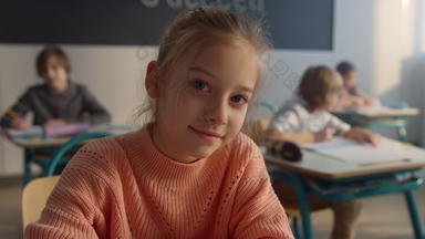 可爱的学生坐着桌子上小学学校微笑女孩相机
